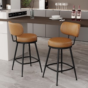 Dyonery Bar Stools Set of 2, 26" Height Mid Century Modern Swivel Counter Height Barstools with Back, Metal Base,Faux Leather - Green - 1 of 4