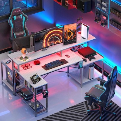 Bestier 71.5" W LED Gaming Desk with Power Outlet, L-Shaped Computer Desk with Monitor Stand