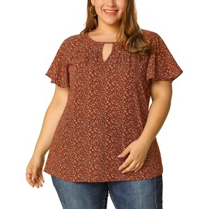 Agnes Orinda Plus Size Womens Tops Keyhole Flutter Short Sleeve Chiffon Floral Pattern - 1 of 4