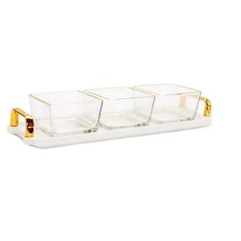 Classic Touch 3 Bowl Serving Dish White Tray and Glass Bowls with Gold Trim - 13.5"L