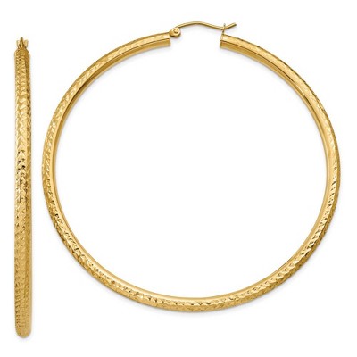 Black Bow Jewelry 3mm x 65mm, 14k Yellow Gold, Diamond-cut Round Hoop Earrings