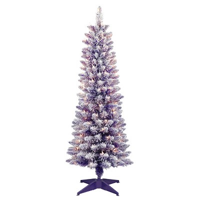 4.5ft Puleo Pre-Lit Purple Flocked Slim Artificial Christmas Tree Clear Lights