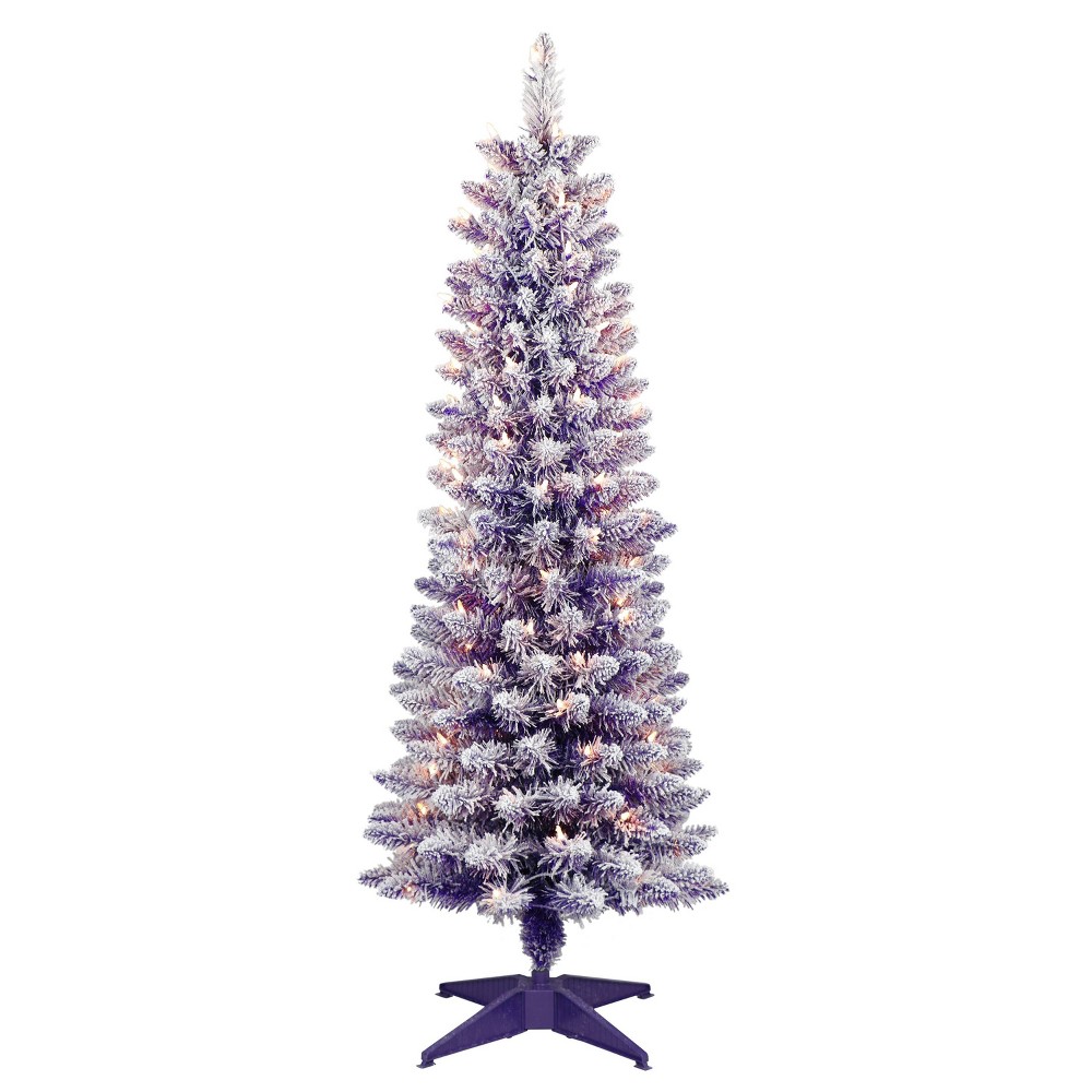 4.5ft Puleo Pre-Lit Purple Flocked Slim Artificial Christmas Tree Clear Lights: Indoor Holiday Decor with Metal Base