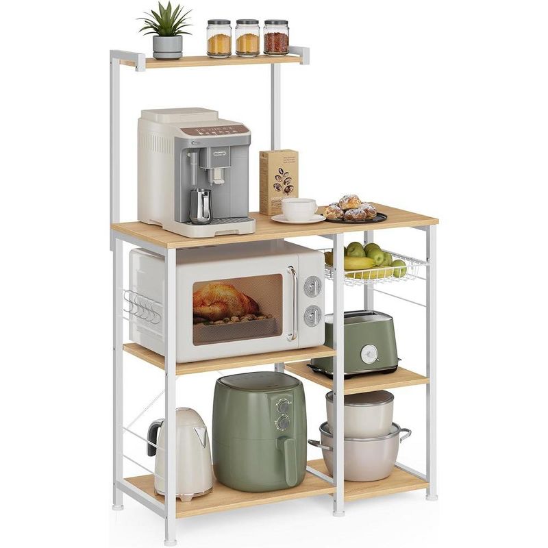 VASAGLE Baker's Rack Microwave Stand Kitchen Storage Rack with Wire Basket 6 Hooks & Shelves for Spices Pots & Pans, 1 of 8