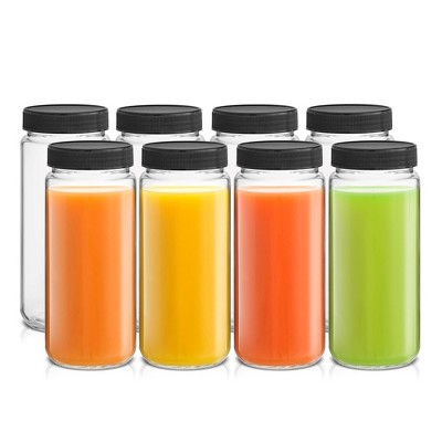 JoyJolt Reusable Glass Juice Bottles with Lids - 16oz Juice Containers with Lids & Stickers- Set of 8 - Black
