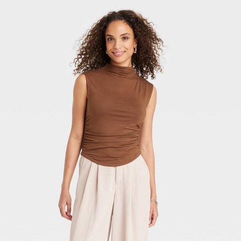 Women's Short Sleeve Side Ruched T-shirt - A New Day™ Brown S : Target