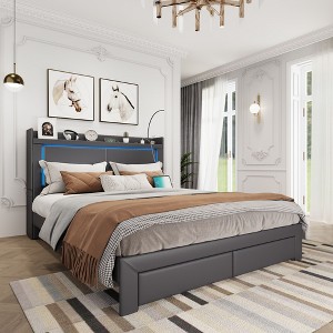 Fredees Queen LED Bed Frame with Charging Station, Upholstered Headboard, Rolling Storage Nightstands & Reading Light - 1 of 4