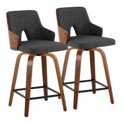 Set of 2 Stella Counter Height Barstools Walnut/Charcoal/Black - LumiSource: Fixed-Height, Swivel Seat, Footrest