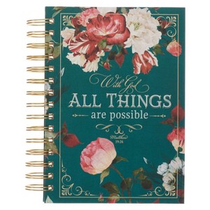 Christian Art Gifts Journal W/Scripture for Women with God All Things Mathew 19:26 Bible Verse Teal/Roses 192 Ruled Pages, Large Hardcover Notebook, - 1 of 1