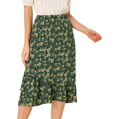 Allegra K Women's Summer Floral Elastic Waist High Low Ruffle Hem Midi Skirts