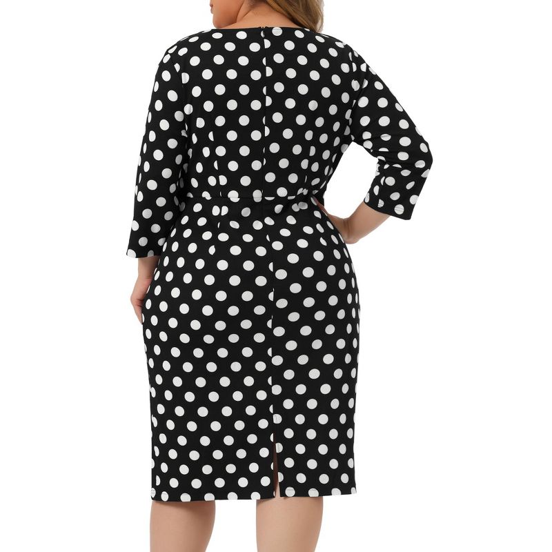 Agnes Orinda Women's Plus Size Formal Polka Dots 3/4 Sleeve Belt Bodycon Dress, 4 of 6
