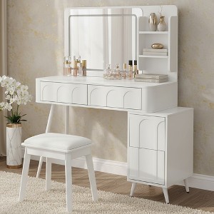 Modern Makeup Vanity Desk with Stool, Vanity Table Dressing Table with 3-Mode Lighted Mirror, Storage Shelves & 4 Drawers, White/Black-ModernLuxe - 1 of 4