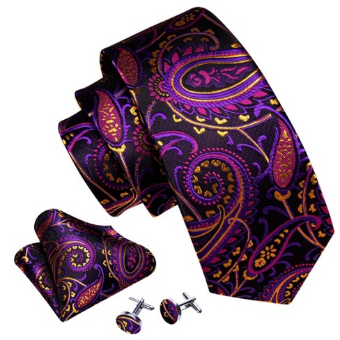 Men's Black And Purple Paisley 100% Silk Neck Tie With Matching Hanky And Cufflinks Set - image 1 of 3