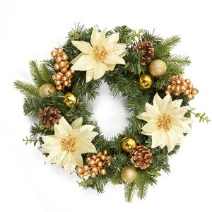 24" Christmas Wreath for Front Door, Prelit Christmas Wreath with Lights, Red Gold Ball Ornaments, Pine Cones &Bow for Fireplace Home Holiday Decor - 1 of 4