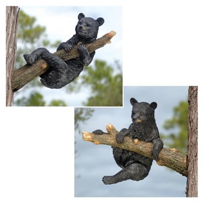 Hand-Painted Black Bear Cub Climbing and Hanging Resin Statue Set