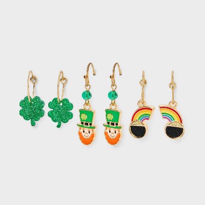 St. Patrick's Day Rainbow Clover and Leprechaun Drop and Hoop Earring Set 3pc - Multicolor