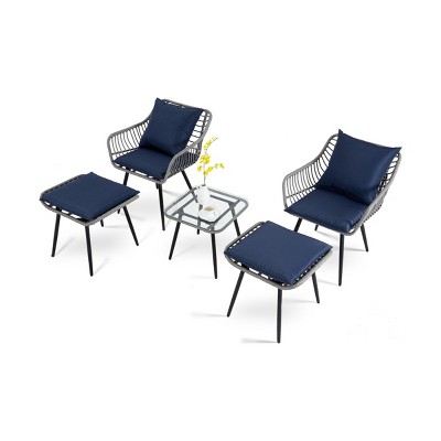 5-Piece Rattan Patio Seating Set,Outdoor Patio Accent Chair Set Of 2,Coffee Table,2 Ottoman,Patio Chair And Ottoman Set -Maison Boucle