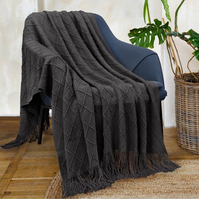 Charcoal Gray Knitted Fringe Throw Blanket for Couch