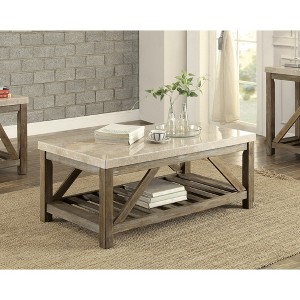 48" Marble and Wooden Industrial Style Cocktail Table with Bottom Shelf and Angled Support for Living Room - 1 of 4