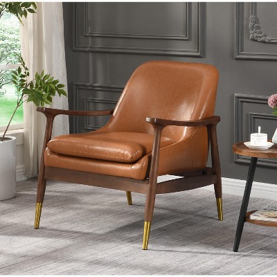 29.2'' Mid-Century Faux Leather Accent Chair with Cushioned Seat, Solid Wood Frame, and Brass-Tipped Legs ,Office