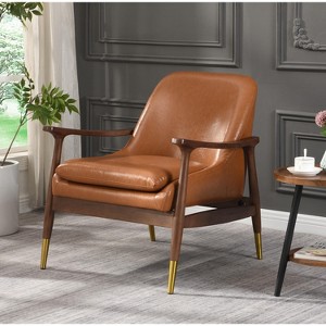 29.2'' Mid-Century Faux Leather Accent Chair with Cushioned Seat, Solid Wood Frame, and Brass-Tipped Legs ,Office - 1 of 4