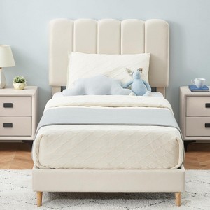 Twin Size Bed Frame w/Upholstered Headboard, Platform Bedframe Mattress Foundation for Kids, Strong Wood Slat Support, No Box Spring Needed - 1 of 4