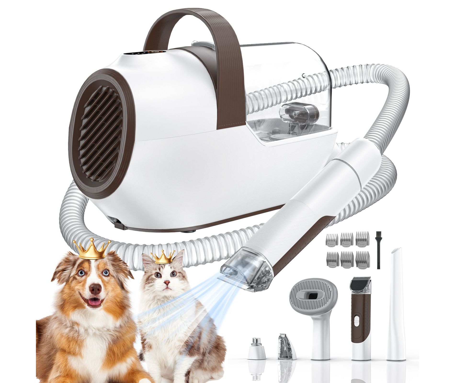 Teendow Dog Grooming Vacuum Kit with 7 Tools, 2L Dust Cup, Pet Hair Clipper & Nail Grinder, 3 Suction Modes, Low-Noise Pet Grooming Vacuum ,Brown