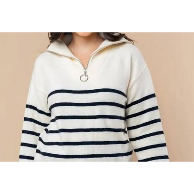 Women's Striped 1/4 Zip Sweater - White Birch