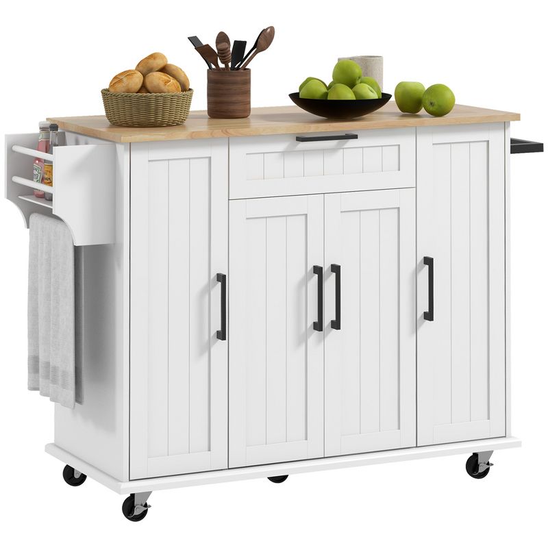 HOMCOM Kitchen Island on Wheels, Rolling Kitchen Cart with Solid Wood Top, Drawer, Spice Rack, Storage Cabinet with Adjustable Shelves, 1 of 7