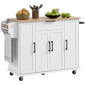 HOMCOM Kitchen Island on Wheels, Rolling Kitchen Cart with Solid Wood Top, Drawer, Spice Rack, Storage Cabinet with Adjustable Shelves