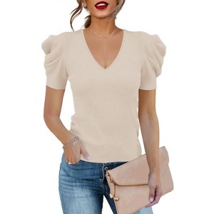 Coolmee Women's Puff Short Sleeve Sweater Spring Summer Tops Business Casual Outfits Work Blouses Clothes - 1 of 4