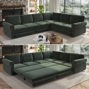 118" Oversized L-Shaped Chenille Sectional Sofa with Pull-Out Bed, Nailhead Trim & Rolled Arms, Convertible Sleeper Couch with Storage for Living Room - 1 of 4