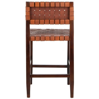 Cognac Woven Leather and Walnut Counter Stool