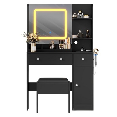 Vanity Desk with Mirror, 3 Lighting Modes Makeup Table with Charging Station, 3 Drawer, 3 Open Shelves and a Cabinet