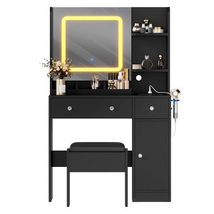 Vanity Desk with Mirror, 3 Lighting Modes Makeup Table with Charging Station, 3 Drawer, 3 Open Shelves and a Cabinet - 1 of 4