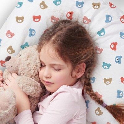 White Cotton Percale Toddler Pillowcase with Bear Print