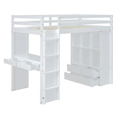 Bellemave Full Size Loft Bed with large shelves, writing desk and LED Light, White