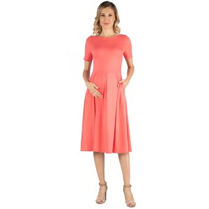 24seven Comfort Apparel Maternity Midi Dress with Short Sleeve and Pocket Detail - 1 of 4