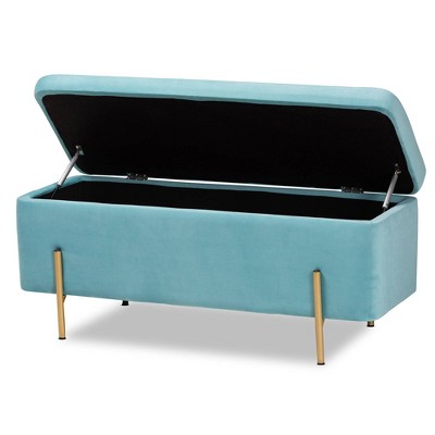Sky Blue Velvet and Gold Metal Storage Bench