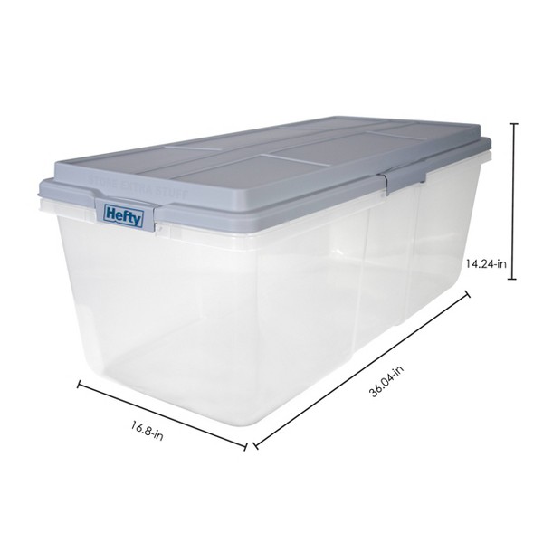 Tina de almacenamiento de plástico Hefty 113qt Hi-Rise Clear: con asas de cierre y cierre a presión, almacenamiento universal 8