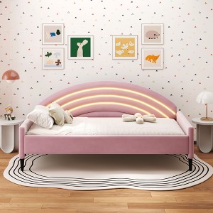 NicBex Twin/Full Size Daybed with LED,Upholstered Day Bed Frame with Pink Curved Backrest for Bedroom,Living Room,Pink - 1 of 4