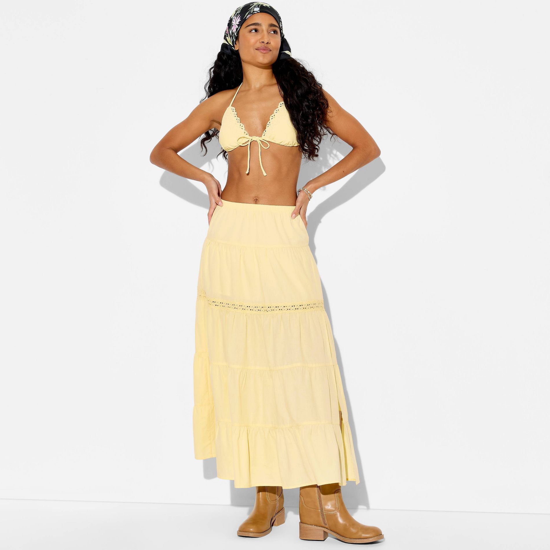 Women's Lace Inset Tiered Maxi Skirt - Wild Fable™ Yellow XS