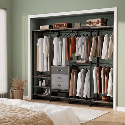 Aheaplus 74''W Large Closet Storage Organizer with Wood Drawers, L-Shaped Corner Heavy Duty Garment Rack with Shelve and Hanging Rods