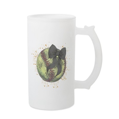 Elanze Designs Freezable Beer Stein Mug With Thumb Grip Handle, 16 Ounce Frosted Glass, Softball With Black Bow