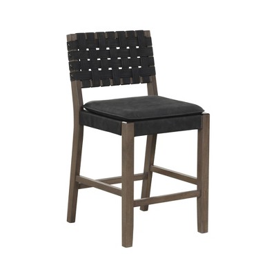 Photo 1 of Nathan James Cohen Woven Faux Leather Counter Height Barstool Black: Rubberwood Frame, Saddle Seat, Stud Detail