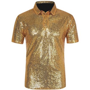 INSPIRE CHIC Men's Short Sleeves Club Party Shiny Sequin Polo Shirts - 1 of 4