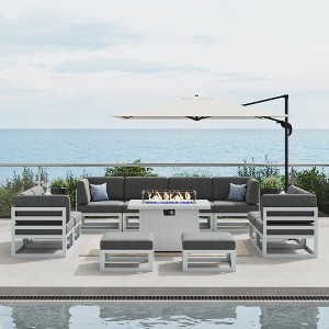 LayinSun 11-Piece Large Outdoor Modular L-Shaped Sectional Set with Propane Fire Pit Table - 1 of 4