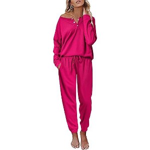 Ekouaer Pajamas Women's Waffle Knit Sleepwear Long Sleeve Top with Pants Casual Pjs Loungewear - 1 of 4