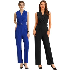 INSPIRE CHIC Women's Casual Sleeveless Shawl Collar Office Belted Cropped Jumpsuit 2 Packs - 1 of 4