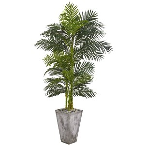 Nearly Natural 7-ft Golden Cane Artificial Palm Tree in Cement Planter - 1 of 2